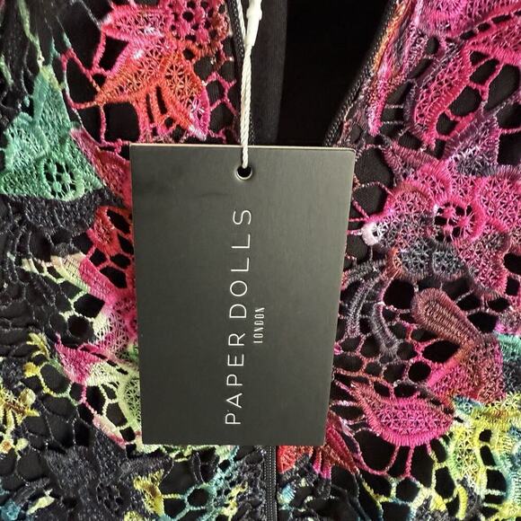 PAPER DOLLS London High Neck Black Pink Floral Crochet Lace Pencil Midi Dress 16 - Picture 14 of 15